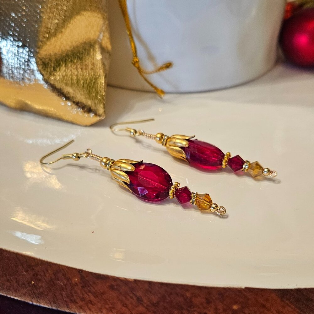 VALENTINE SALE!! Vibrant Red Crystal and14K Gold-Filled Dangle earrings NWT
